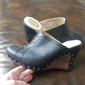 UGG Black Leather Abigail Wooden Wedge Studded Details Clogs